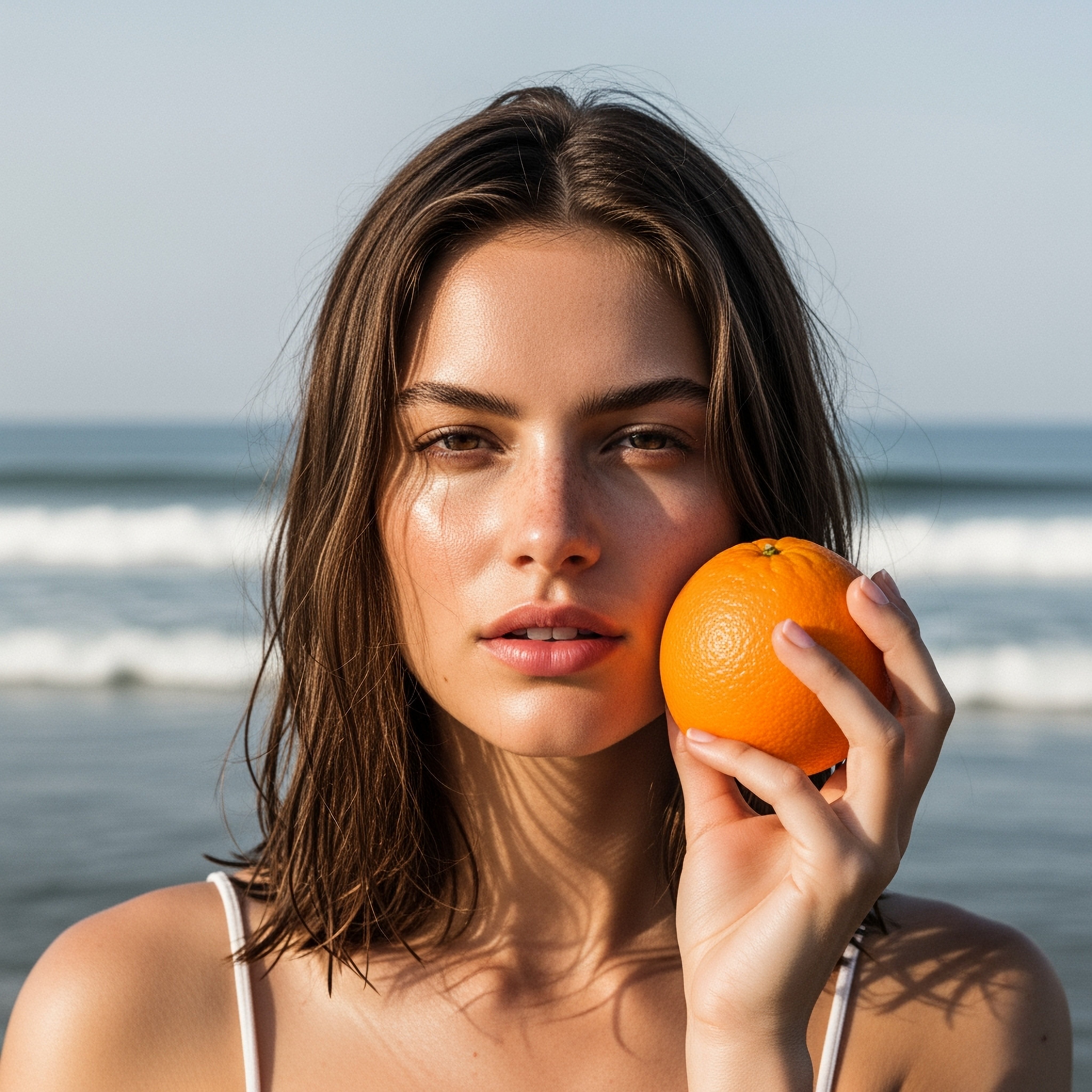 Woman holding a fresh orange at the beach — celebrating the power of Vitamin C for radiant, glowing skin
