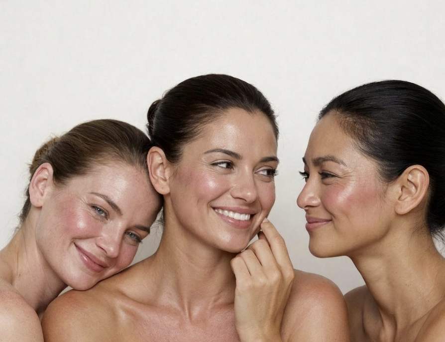 Three women with clear skin and natural makeup smile closely together against a light background, showing a sense of friendship and happiness.