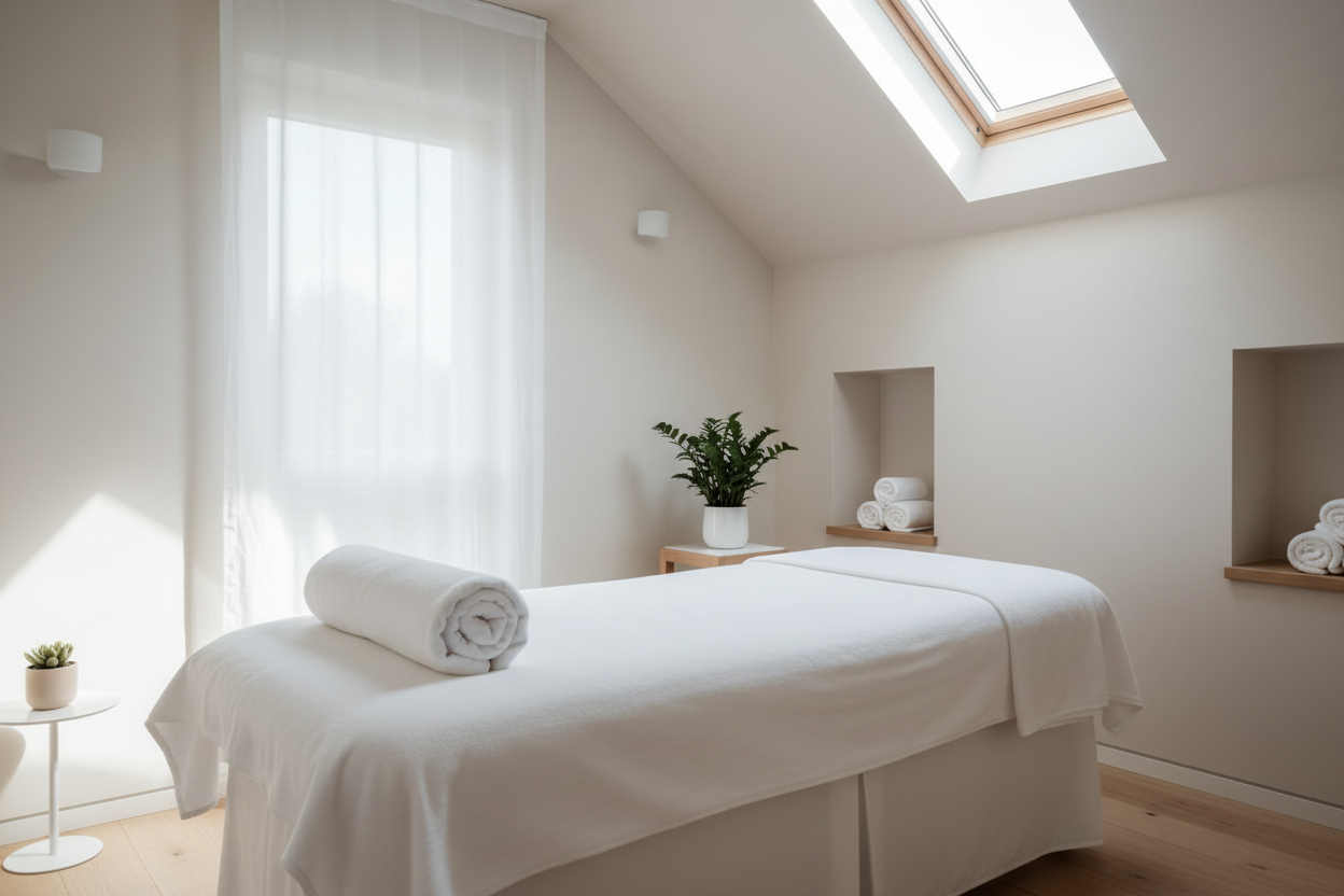 A tranquil massage room with a white massage table, neatly rolled towel, potted plant, and soft natural light coming through a large window and skylight. The décor is minimal and soothing.