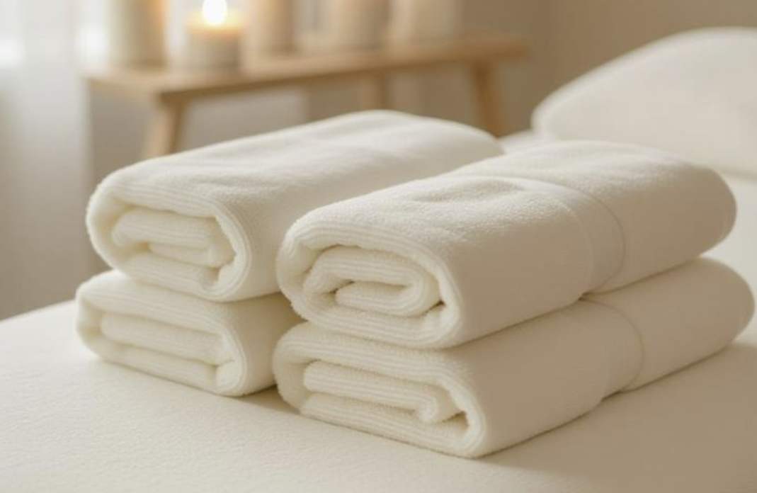 Four neatly folded white towels are stacked on a bed in a softly lit room, with a blurred background featuring candles and a wooden table, creating a calm and relaxing atmosphere.